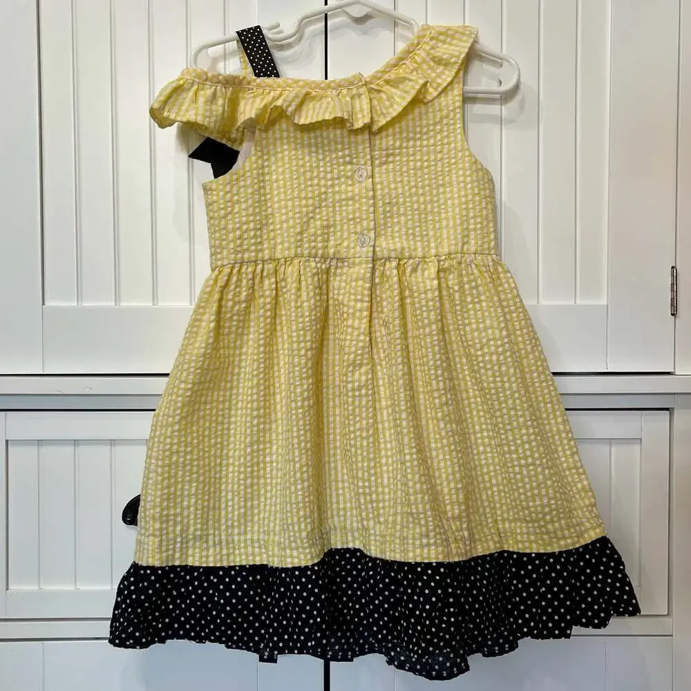 Yellow Seersucker Gingham Bumblebee Dress w/ Daisy Bow & Polka Dot Ruffle Hem